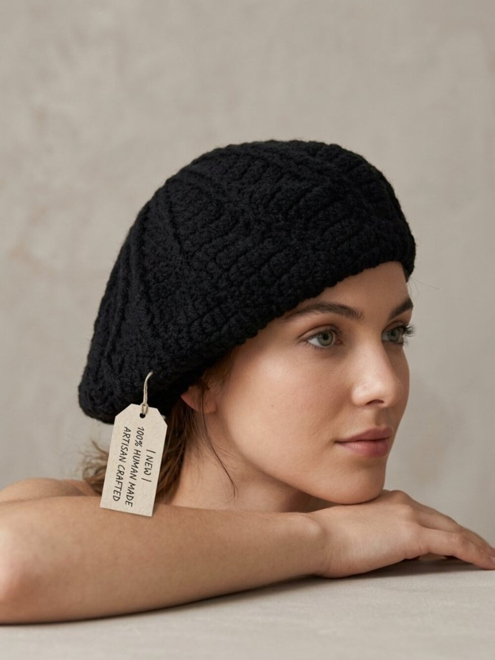 Handmade Black Crochet Beret Hat – Handcrafted Slouchy Textured Knit Beanie